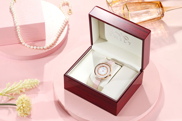 Premium pink leather women watch (box included)-EYG105-PRW